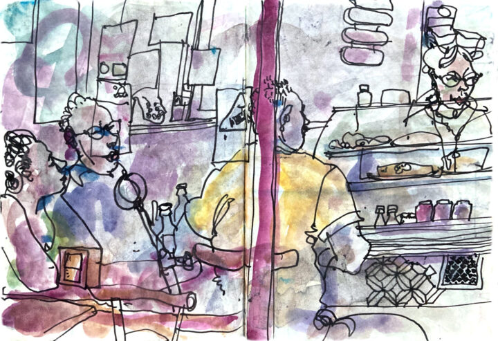 coloured ink drawing of three guests and the inkeeper of a bar, seen through the glass facade from outside. 