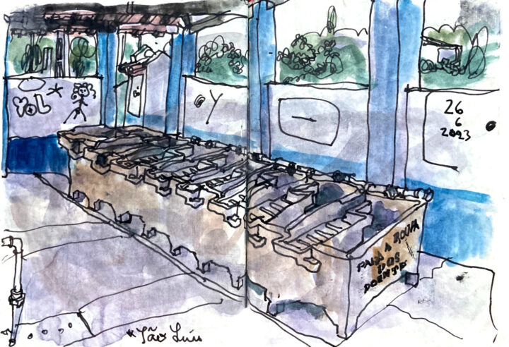 coloured ink drawing of the washbasins inside an abandoned wash house.